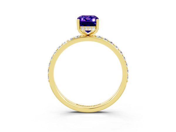 Yellow gold Emerald Cut Tanzanite Solitaire Ring with Pavé Band and Hidden Halo