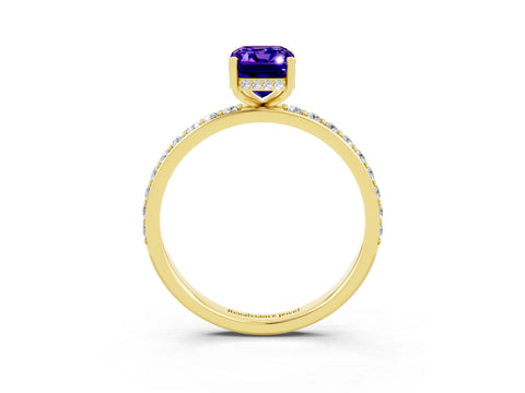 Yellow gold Emerald Cut Tanzanite Solitaire Ring with Pavé Band and Hidden Halo_15
