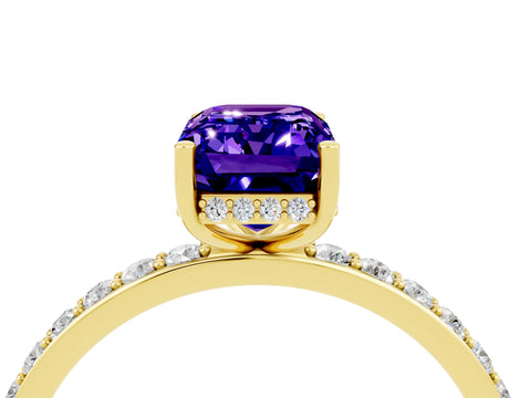 Yellow gold Emerald Cut Tanzanite Solitaire Ring with Pavé Band and Hidden Halo_16