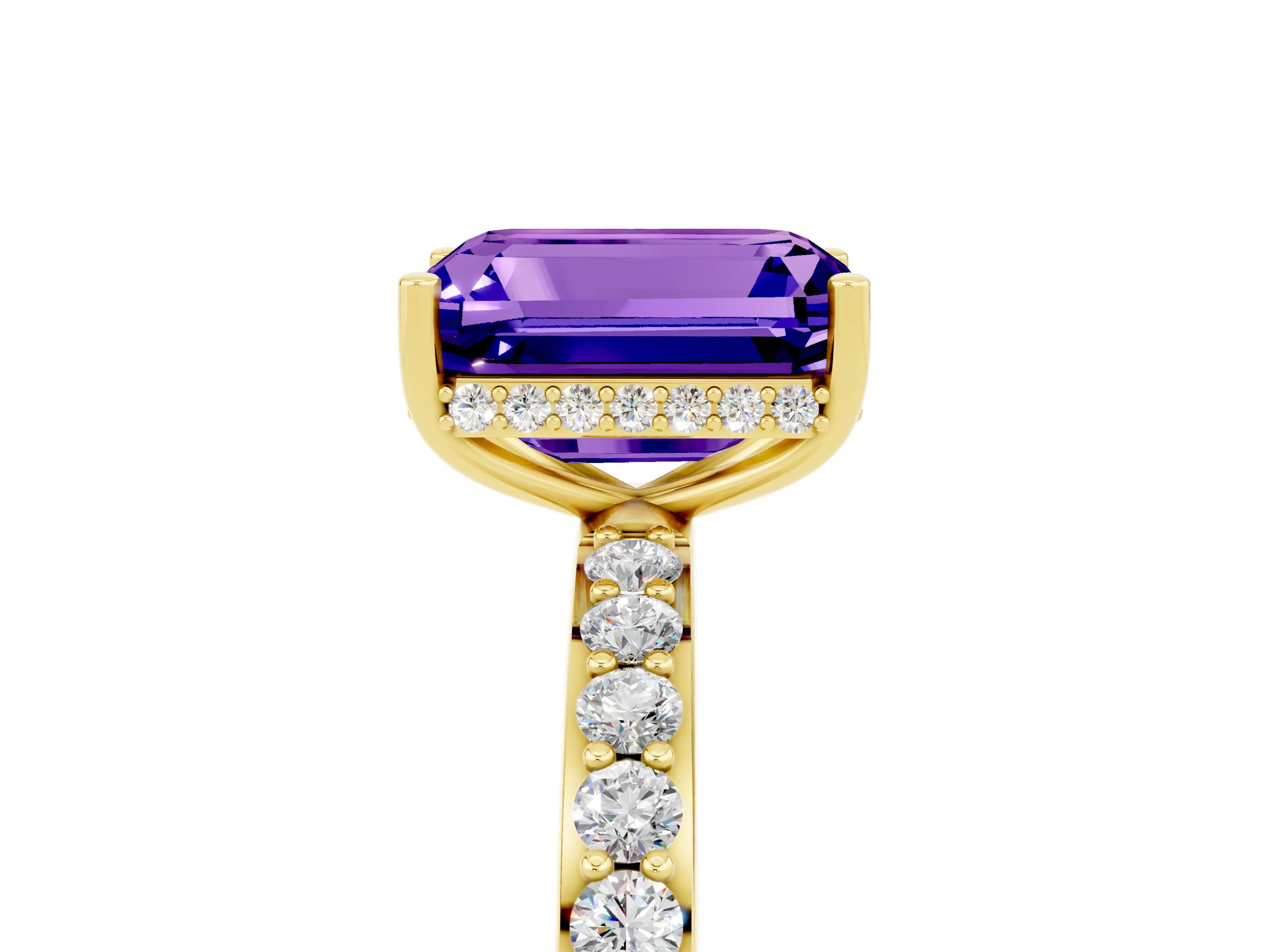 Yellow gold Emerald Cut Tanzanite Solitaire Ring with Pavé Band and Hidden Halo_17