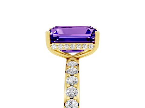 Yellow gold Emerald Cut Tanzanite Solitaire Ring with Pavé Band and Hidden Halo_17
