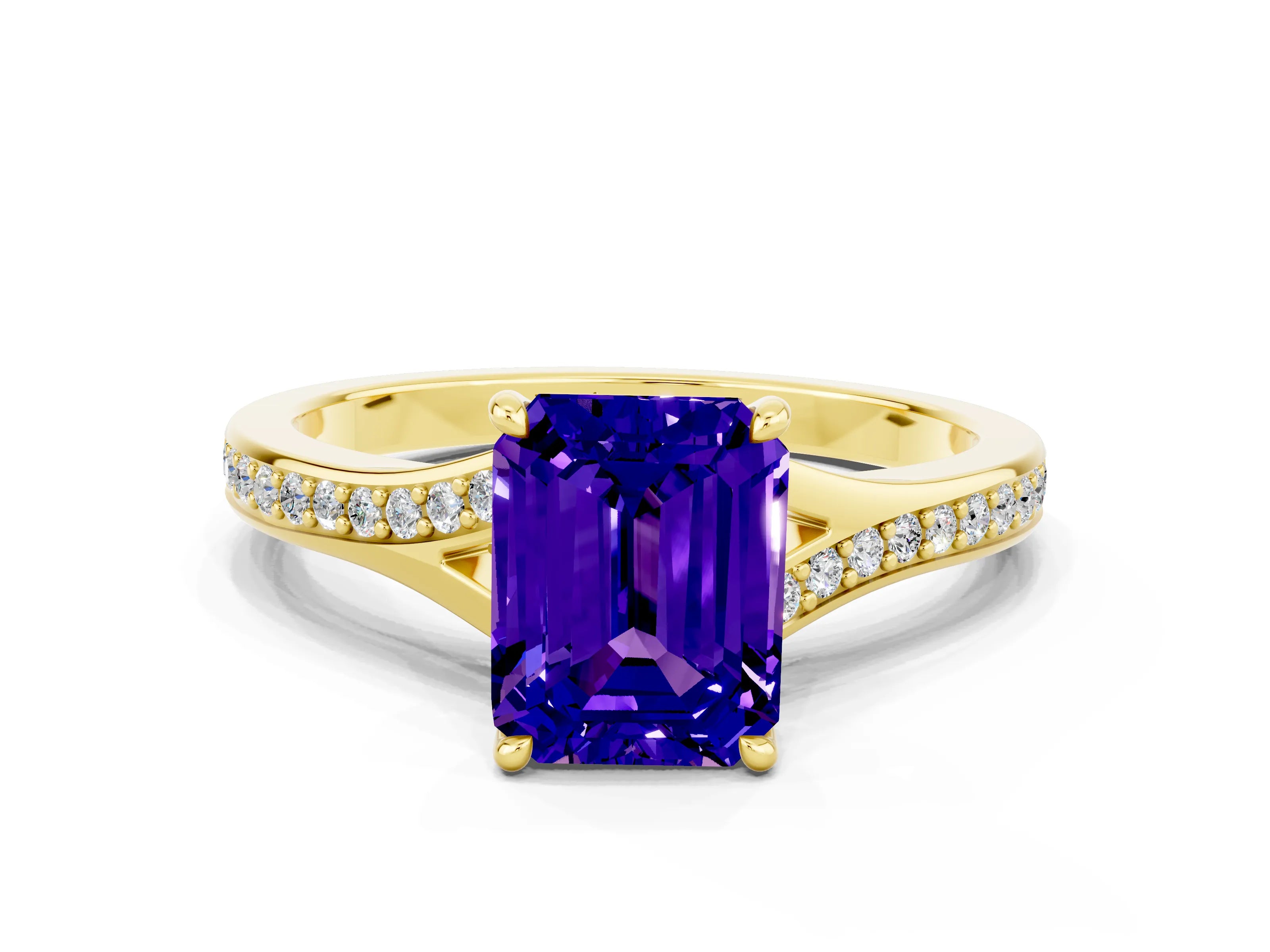 Yellow gold Emerald Cut Tanzanite Solitaire Ring with Pavé Band and Prong Setting