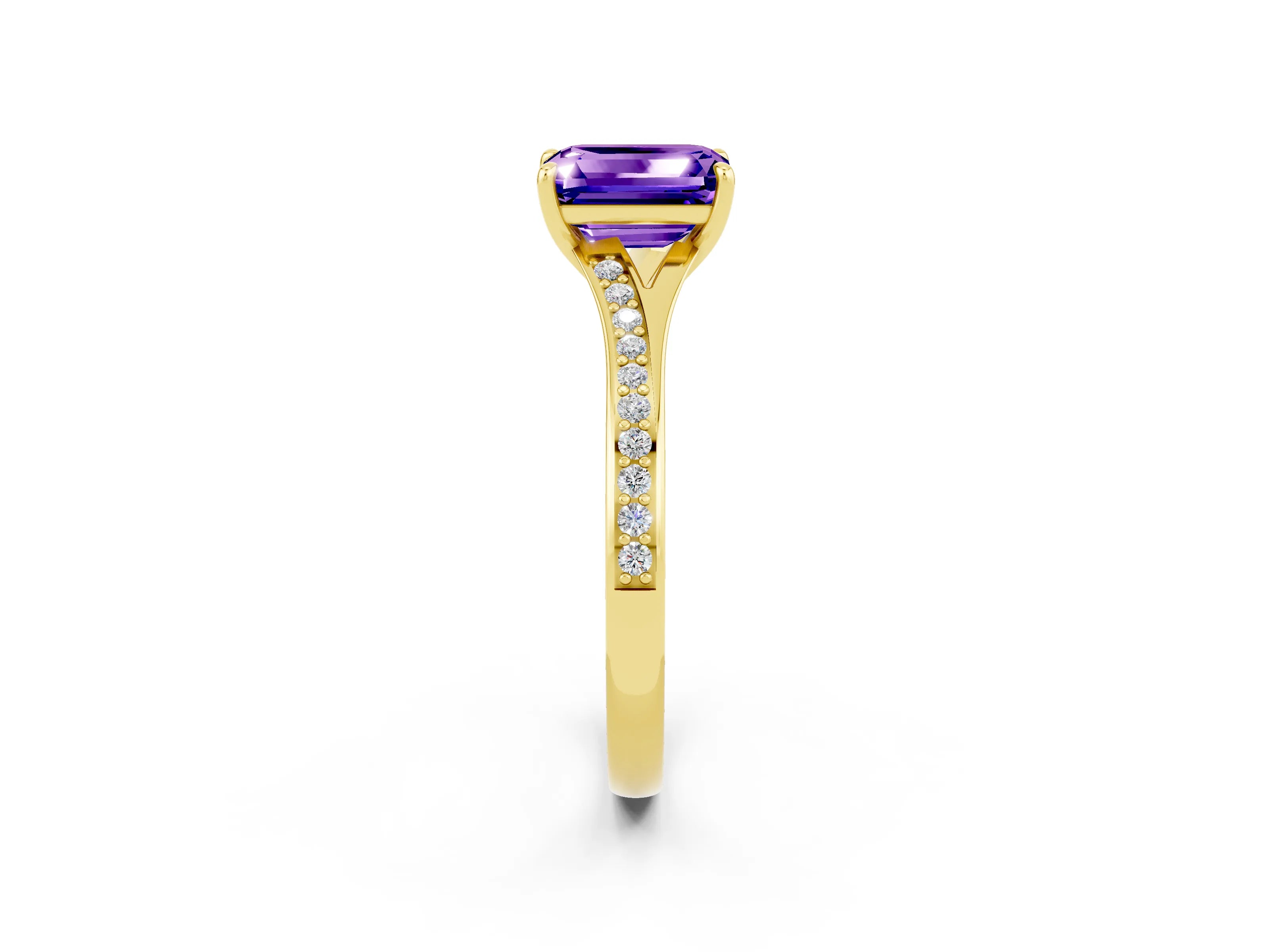 Yellow gold Emerald Cut Tanzanite Solitaire Ring with Pavé Band and Prong Setting_2