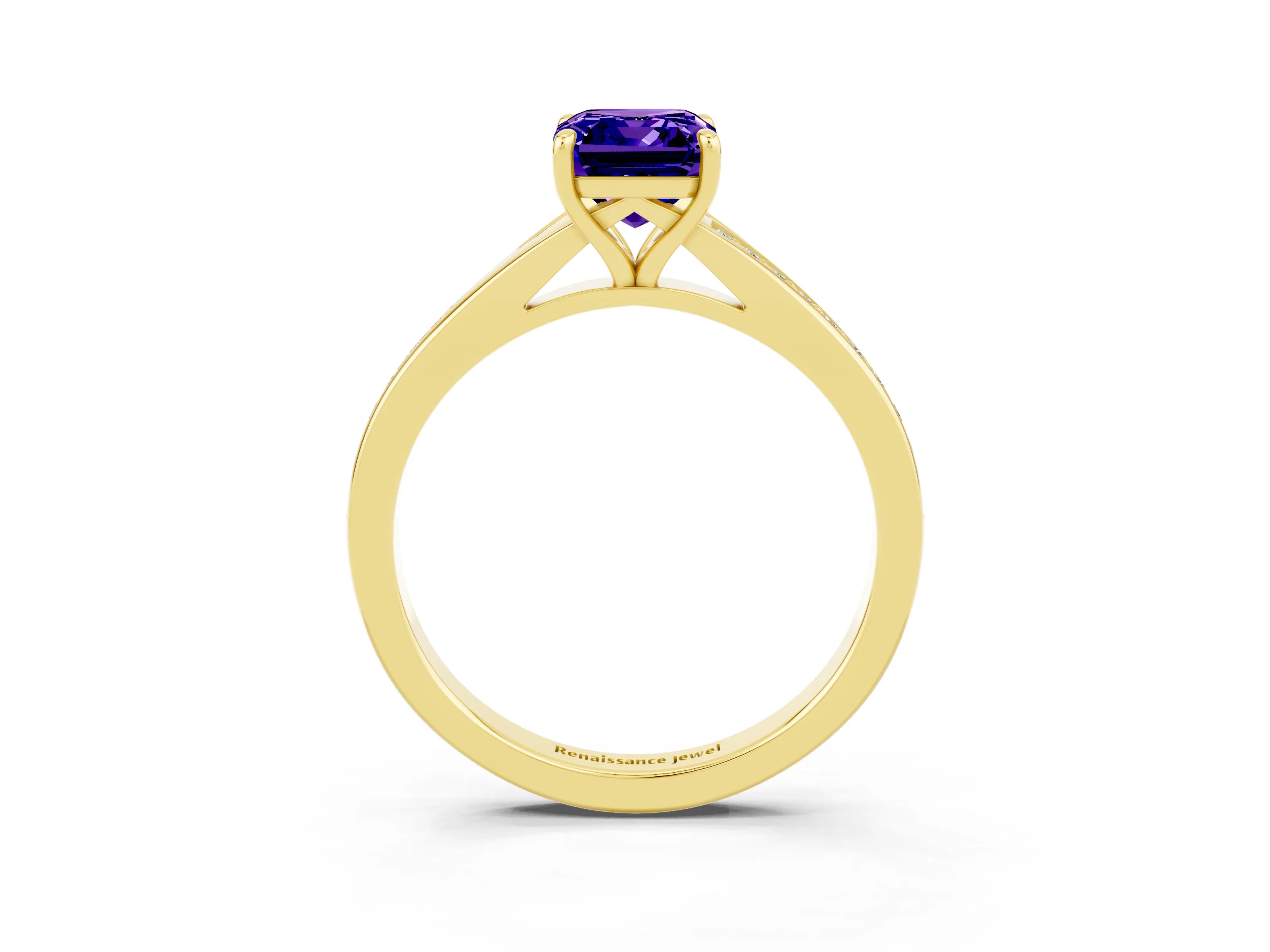 Yellow gold Emerald Cut Tanzanite Solitaire Ring with Pavé Band and Prong Setting_3