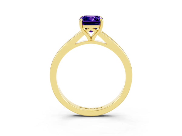 Yellow gold Emerald Cut Tanzanite Solitaire Ring with Pavé Band and Prong Setting