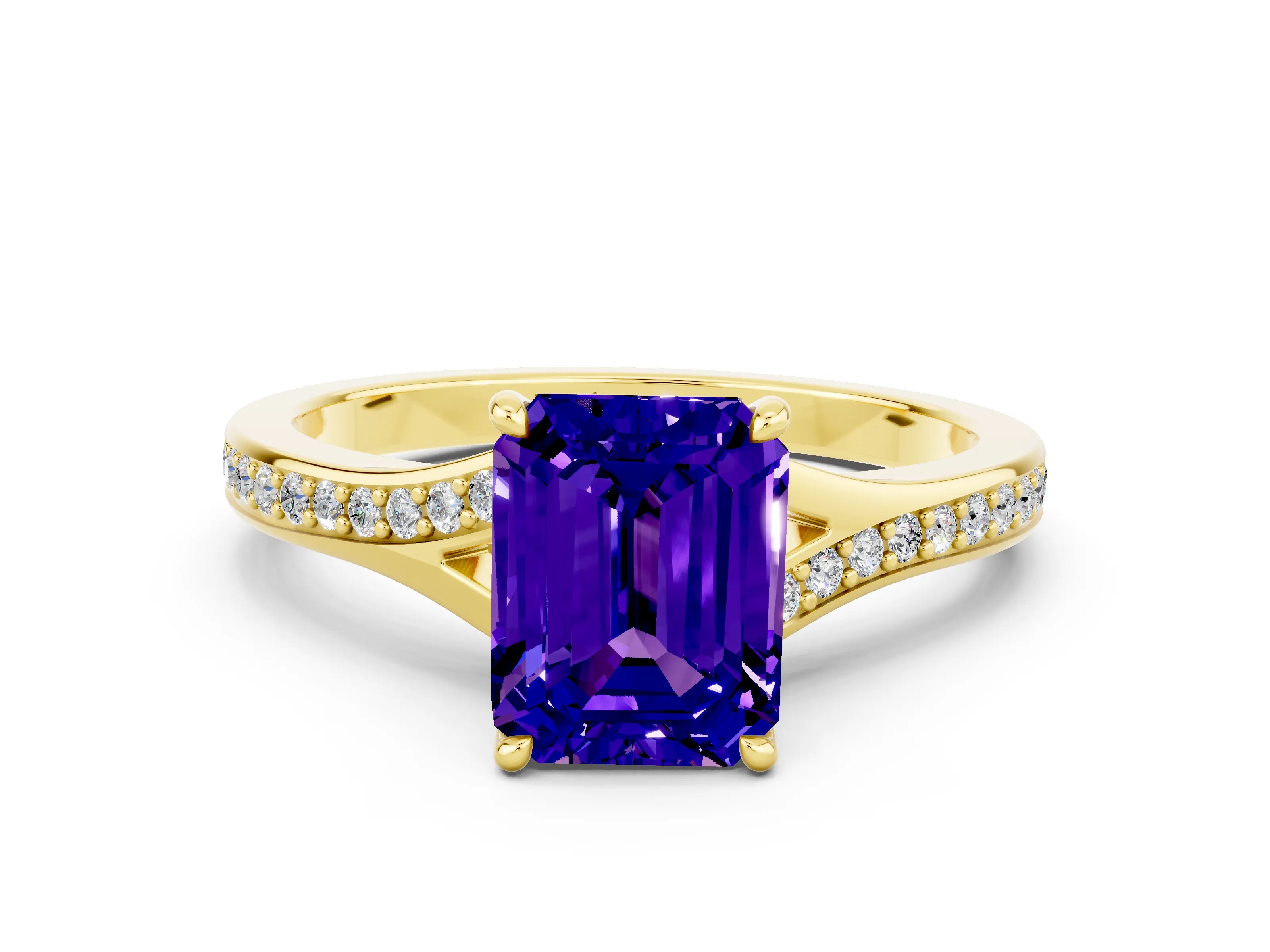 Yellow gold Emerald Cut Tanzanite Solitaire Ring with Pavé Band and Prong Setting_36
