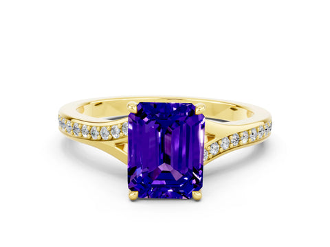 Yellow gold Emerald Cut Tanzanite Solitaire Ring with Pavé Band and Prong Setting_36