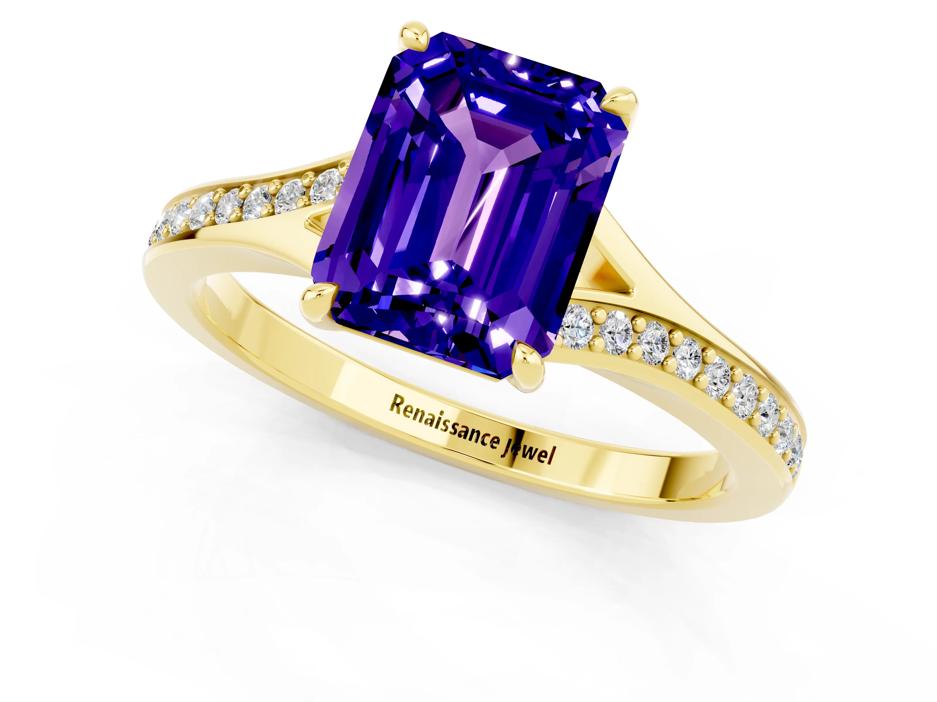 Yellow gold Emerald Cut Tanzanite Solitaire Ring with Pavé Band and Prong Setting_37