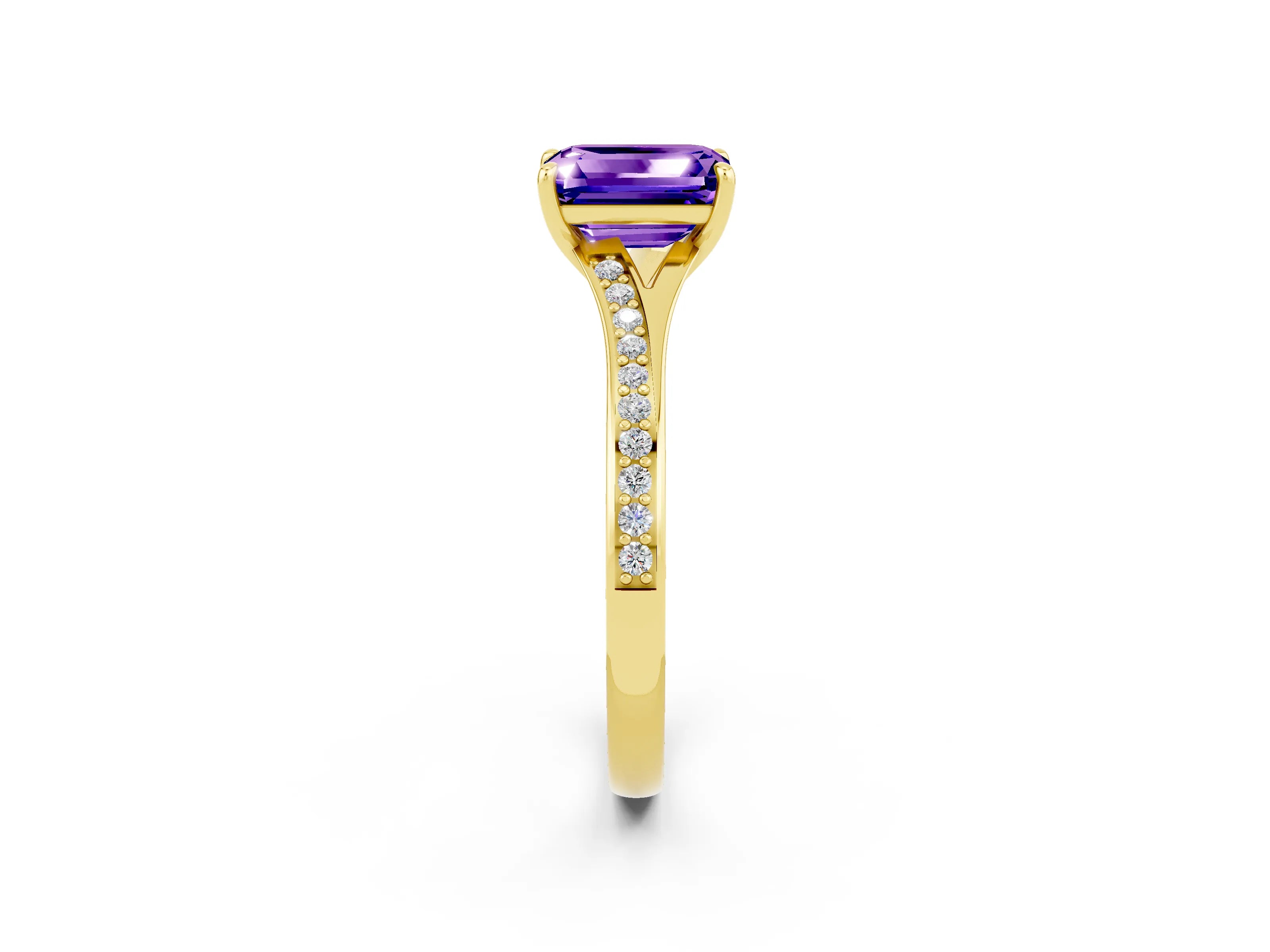 Yellow gold Emerald Cut Tanzanite Solitaire Ring with Pavé Band and Prong Setting_38
