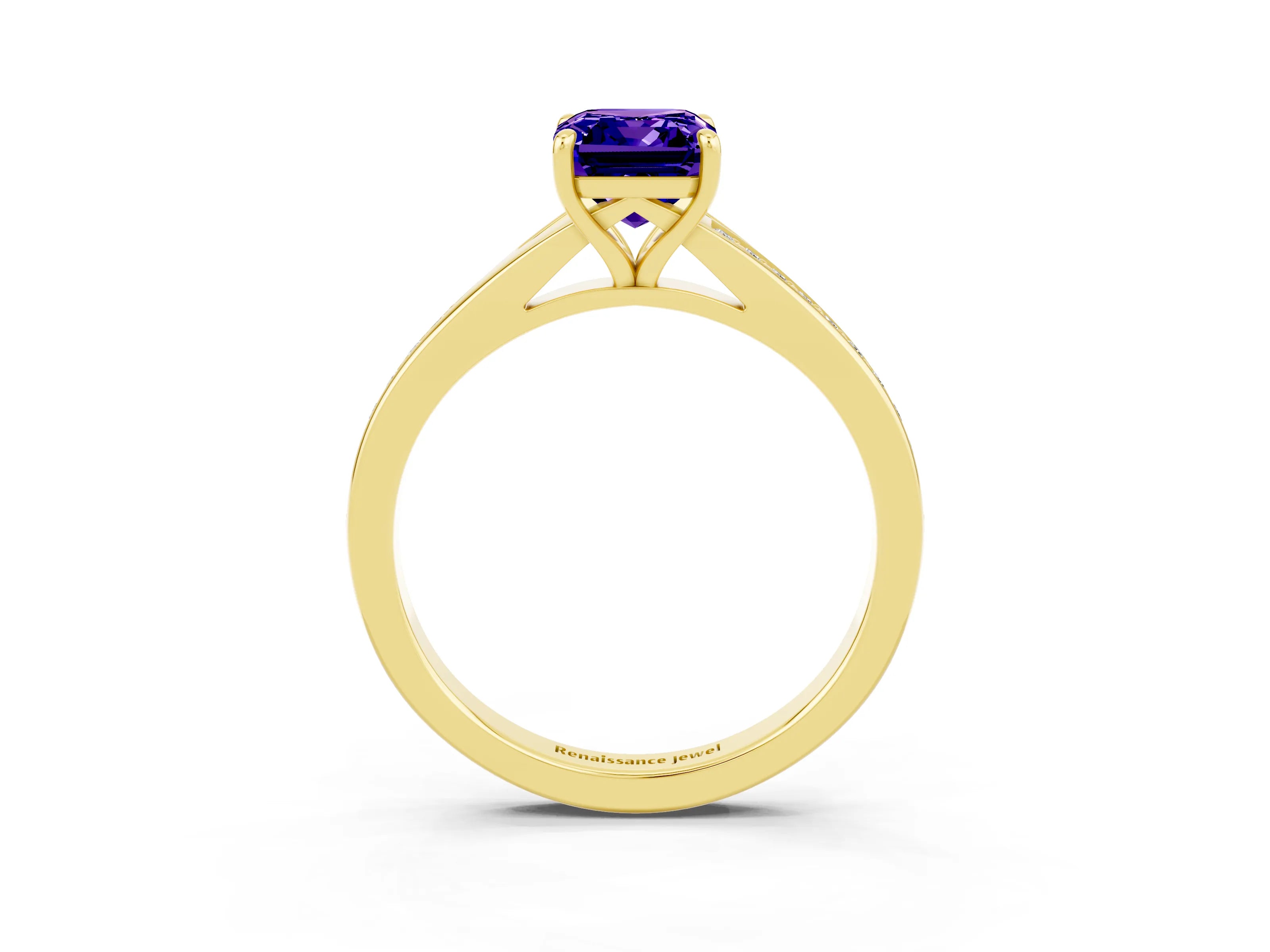 Yellow gold Emerald Cut Tanzanite Solitaire Ring with Pavé Band and Prong Setting_39