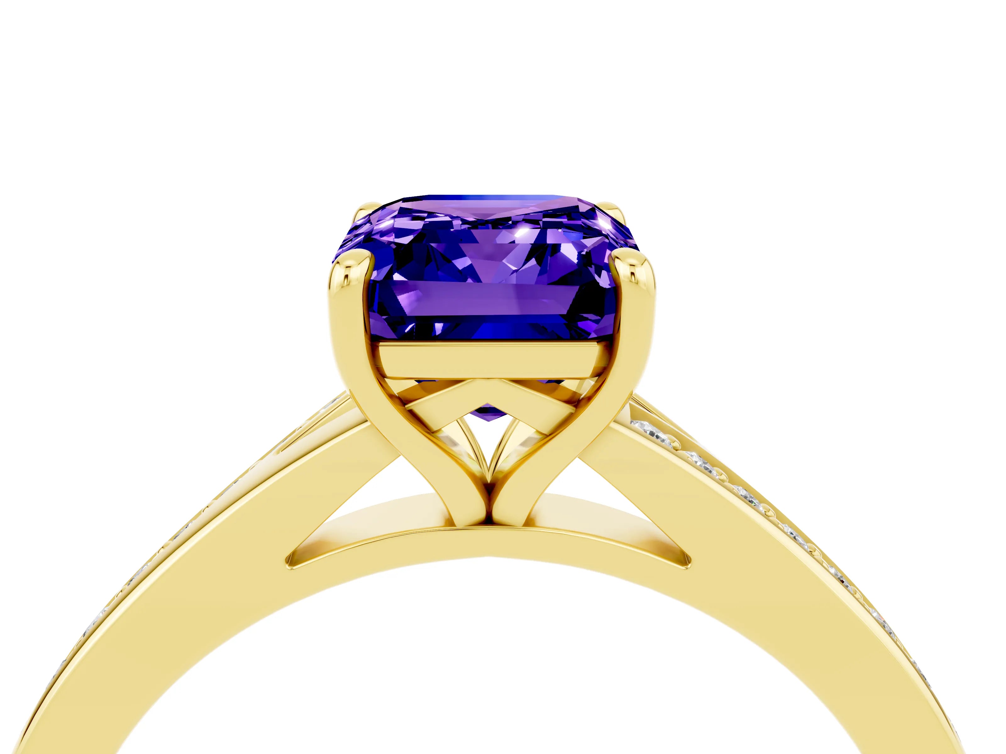 Yellow gold Emerald Cut Tanzanite Solitaire Ring with Pavé Band and Prong Setting_40