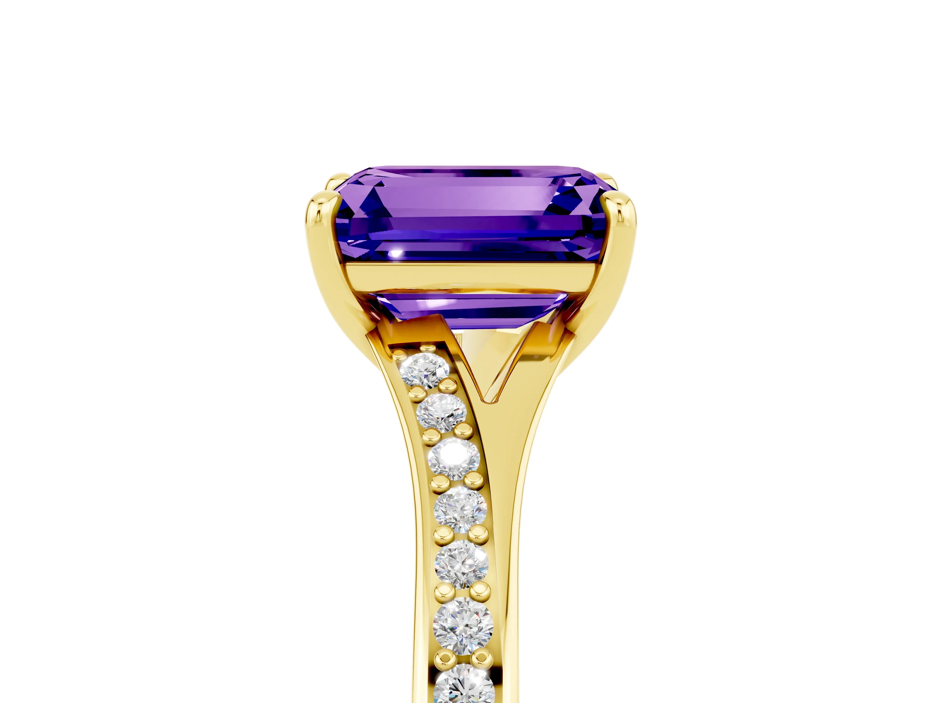 Yellow gold Emerald Cut Tanzanite Solitaire Ring with Pavé Band and Prong Setting_41