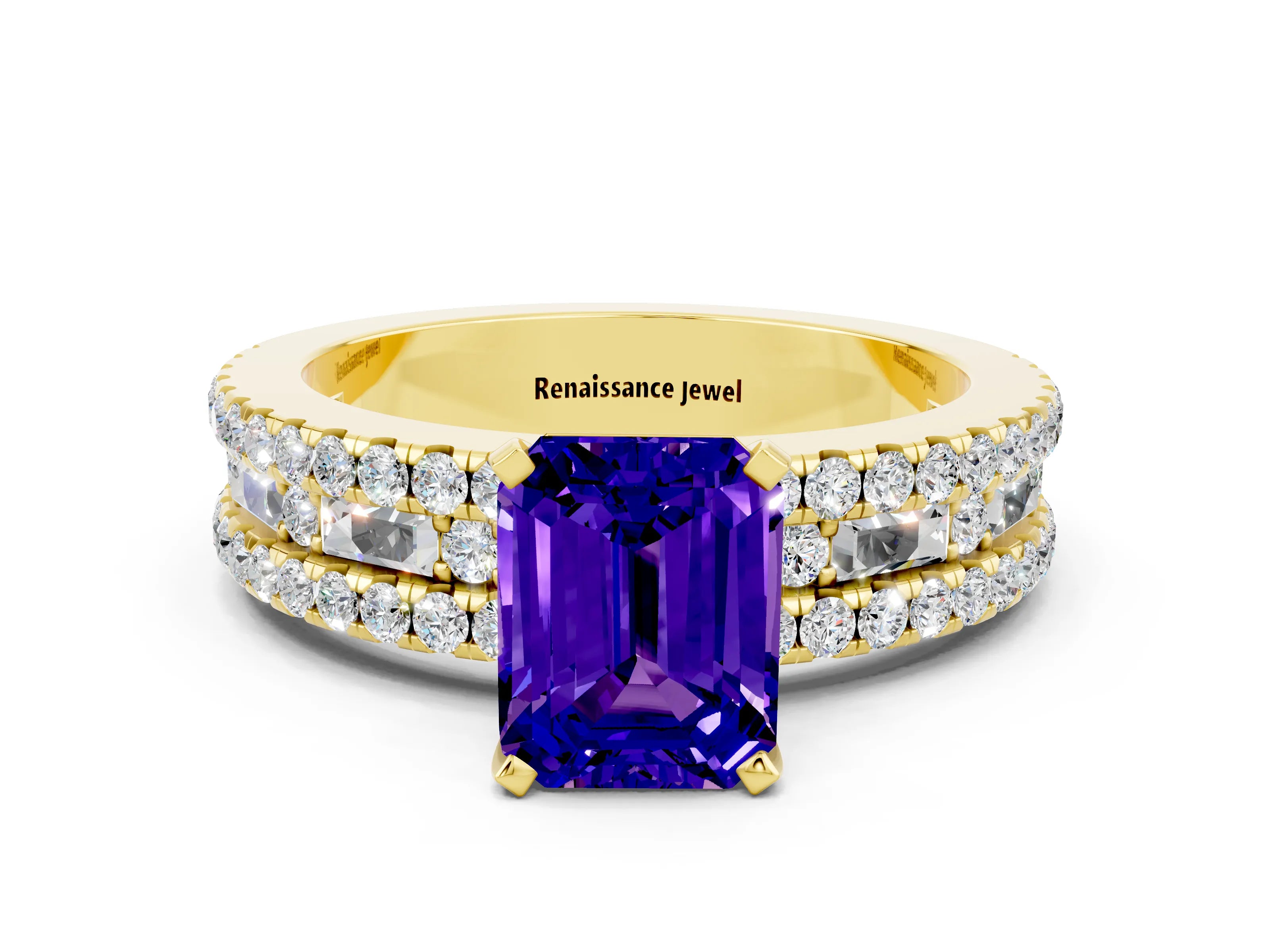 Yellow gold Emerald Cut Tanzanite Solitaire Ring with Pavé and Channel Set Band