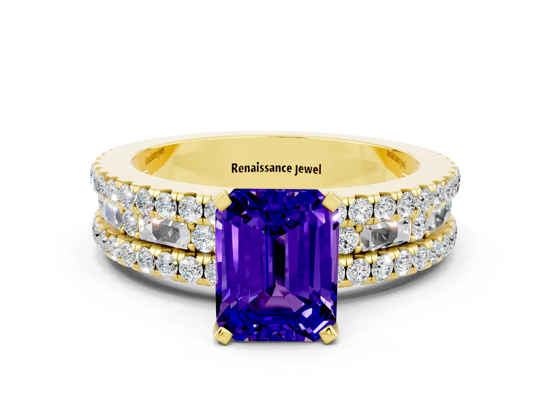 Yellow gold Emerald Cut Tanzanite Solitaire Ring with Pavé and Channel Set Band