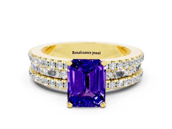 Yellow gold Emerald Cut Tanzanite Solitaire Ring with Pavé and Channel Set Band