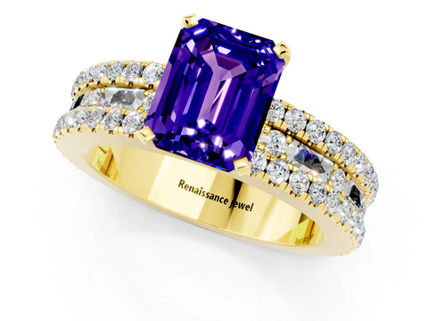Yellow gold Emerald Cut Tanzanite Solitaire Ring with Pavé and Channel Set Band_1