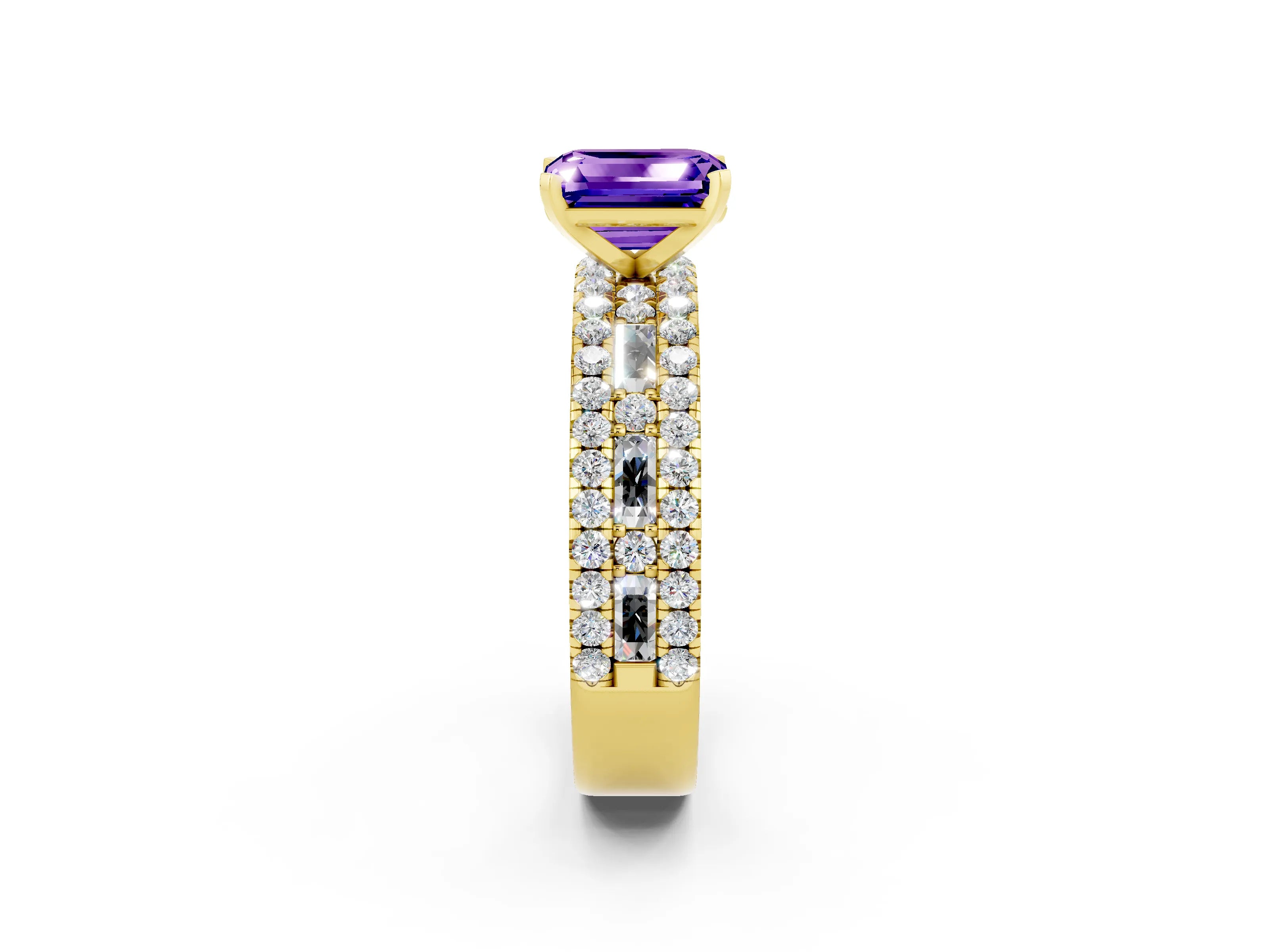 Yellow gold Emerald Cut Tanzanite Solitaire Ring with Pavé and Channel Set Band_2