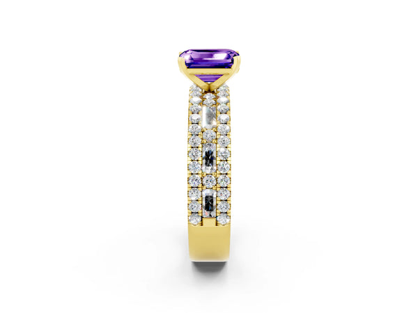 Yellow gold Emerald Cut Tanzanite Solitaire Ring with Pavé and Channel Set Band