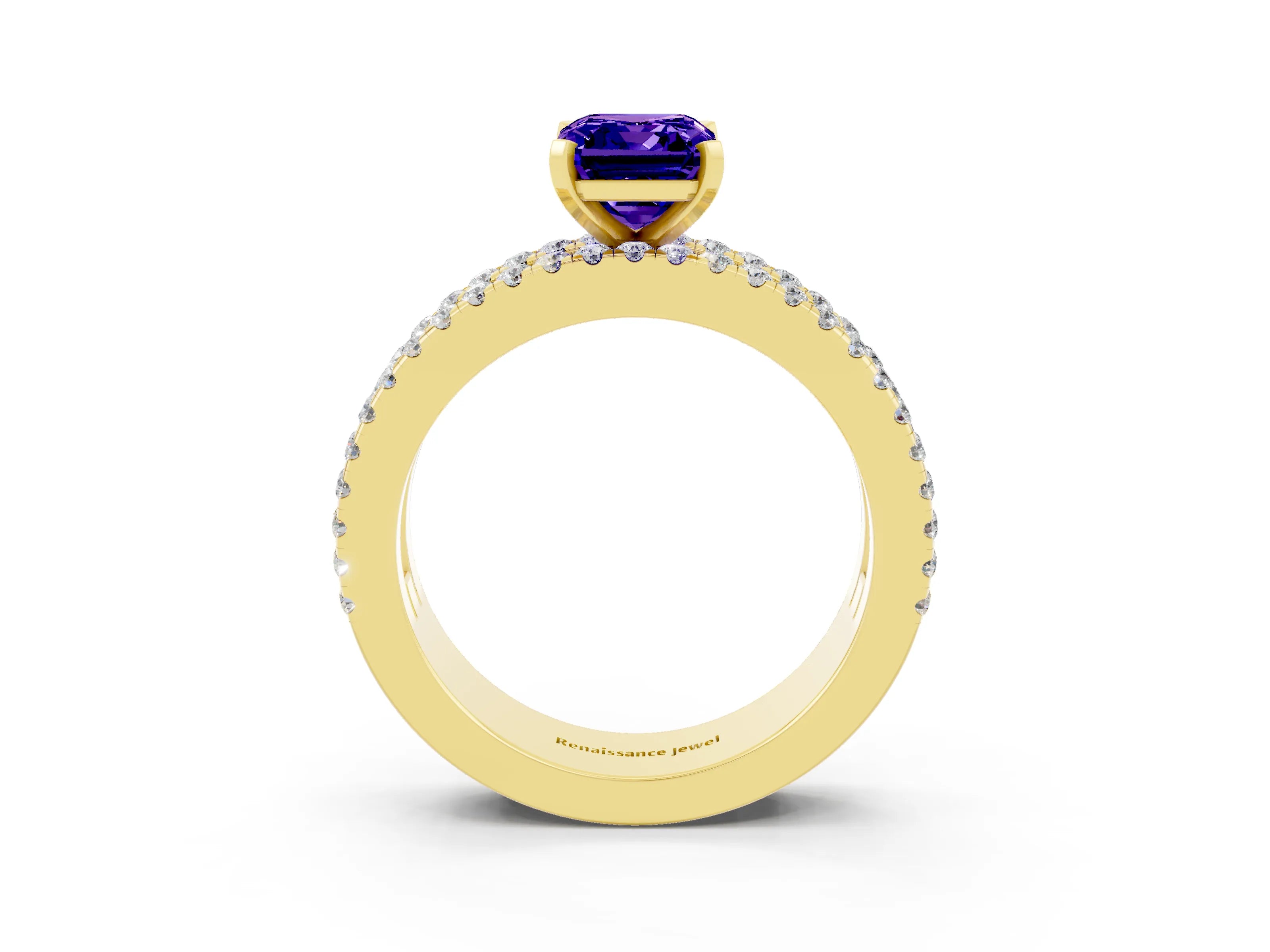 Yellow gold Emerald Cut Tanzanite Solitaire Ring with Pavé and Channel Set Band_3