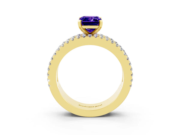 Yellow gold Emerald Cut Tanzanite Solitaire Ring with Pavé and Channel Set Band