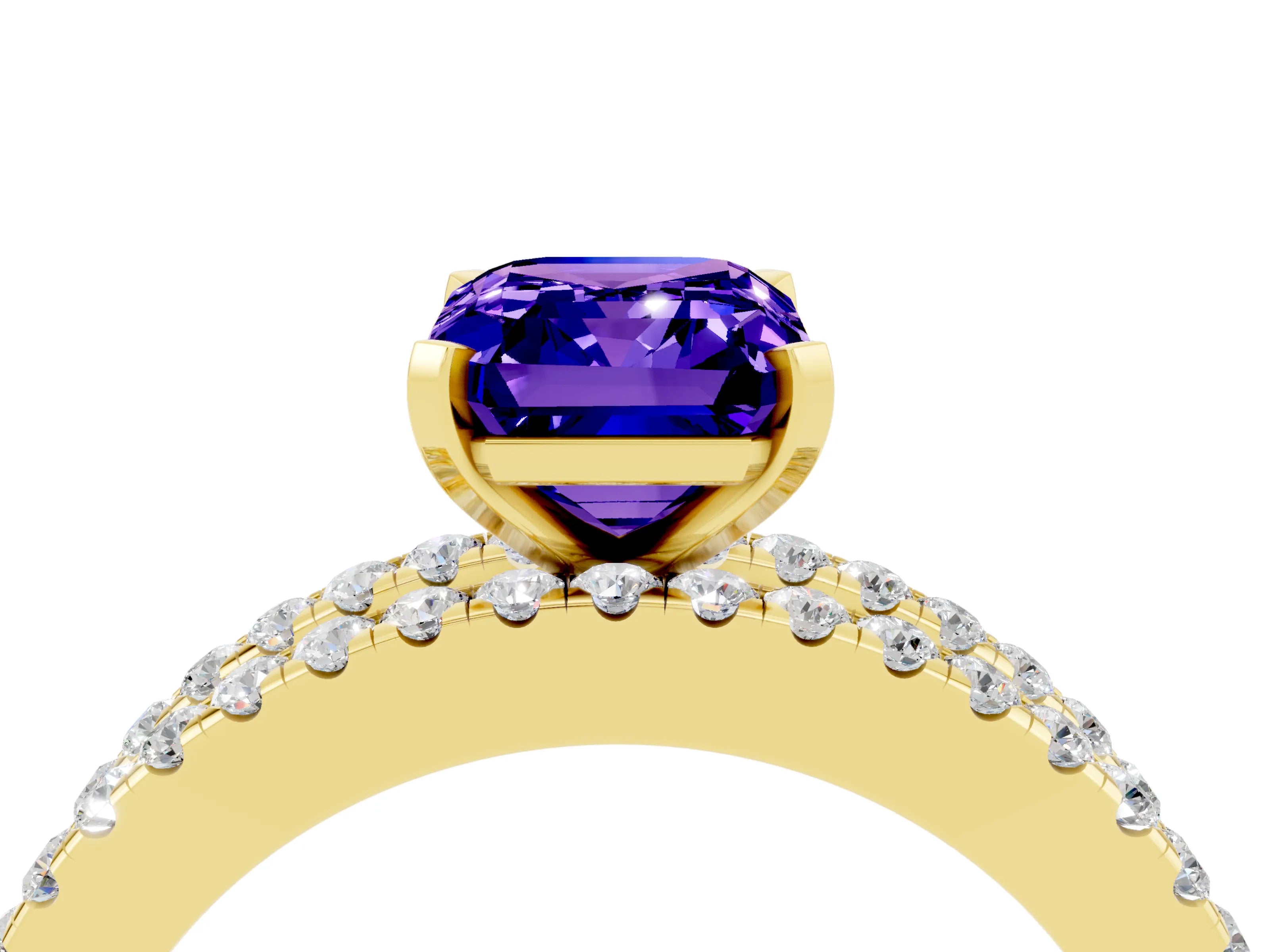 Yellow gold Emerald Cut Tanzanite Solitaire Ring with Pavé and Channel Set Band_4