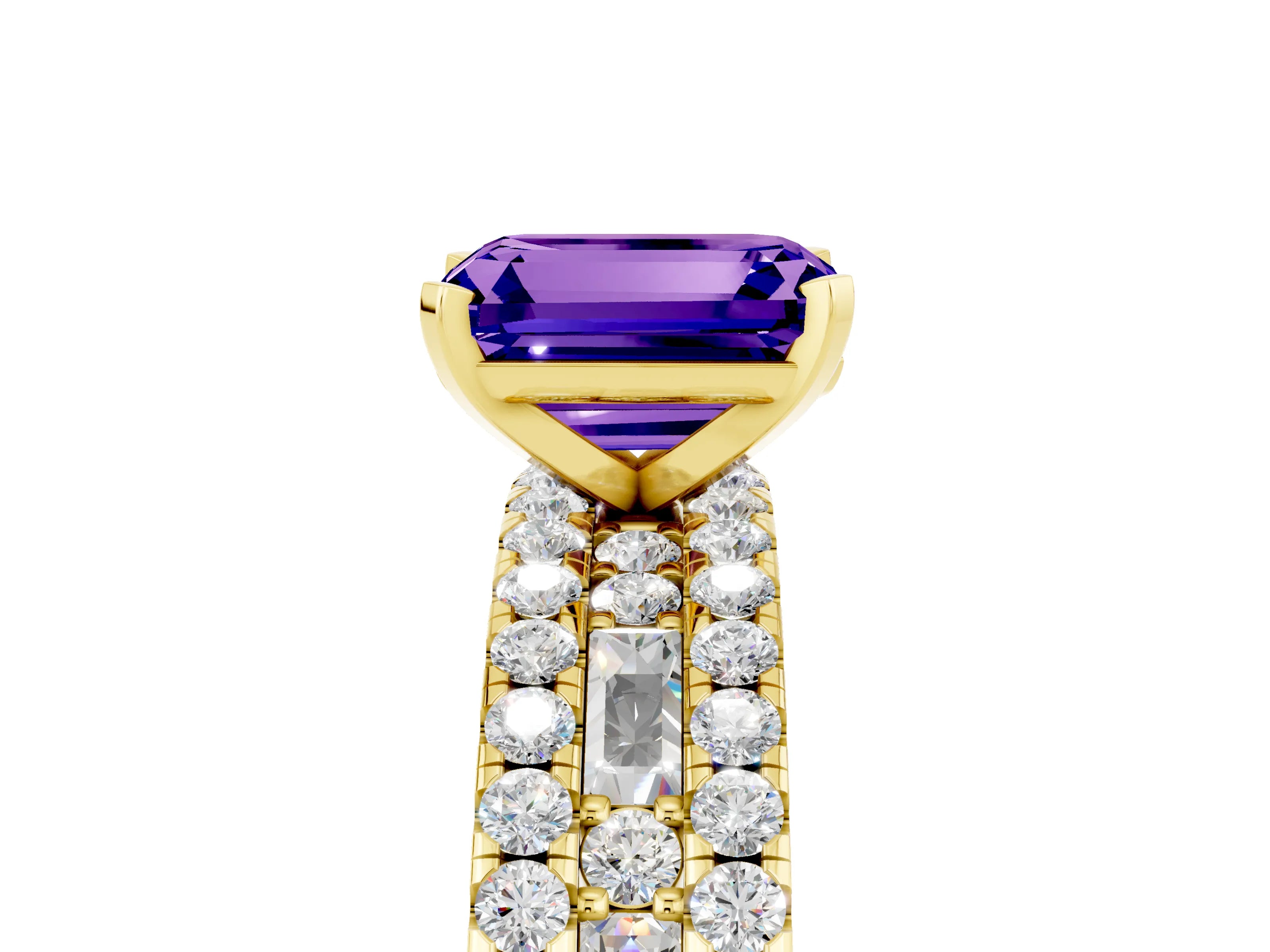Yellow gold Emerald Cut Tanzanite Solitaire Ring with Pavé and Channel Set Band_5