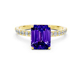 Yellow gold Emerald Cut Tanzanite Solitaire Ring with Pave Band and Four Prong Setting_24