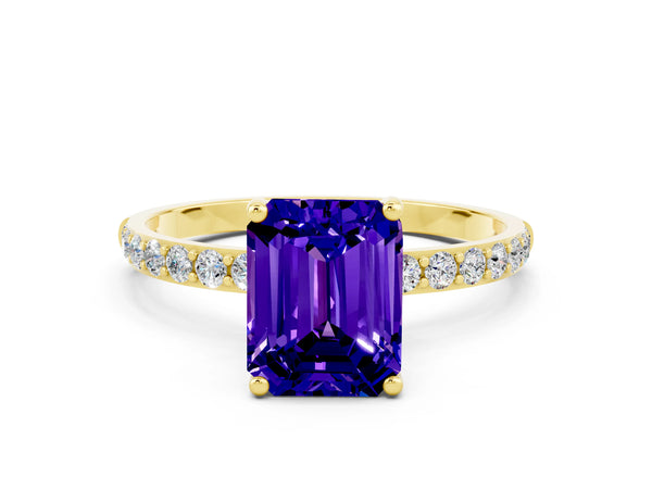 Yellow gold Emerald Cut Tanzanite Solitaire Ring with Round  Pavé Band and Prong Setting