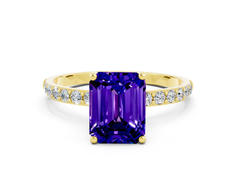 Yellow gold Emerald Cut Tanzanite Solitaire Ring with Pave Band and Four Prong Setting_24