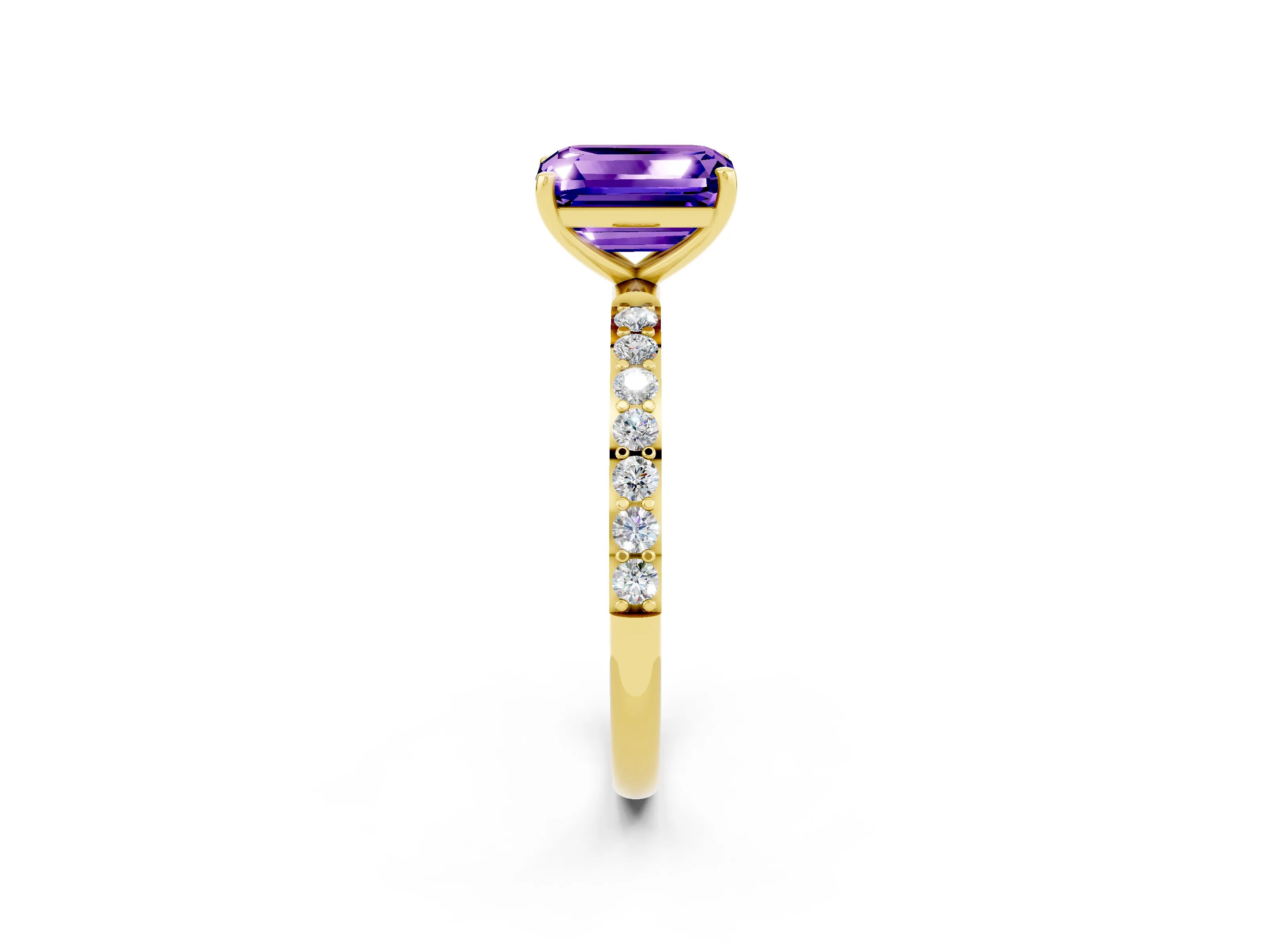 Yellow gold Emerald Cut Tanzanite Solitaire Ring with Pave Band and Four Prong Setting_26