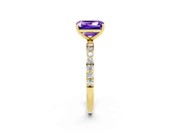 Yellow gold Emerald Cut Tanzanite Solitaire Ring with Round  Pavé Band and Prong Setting