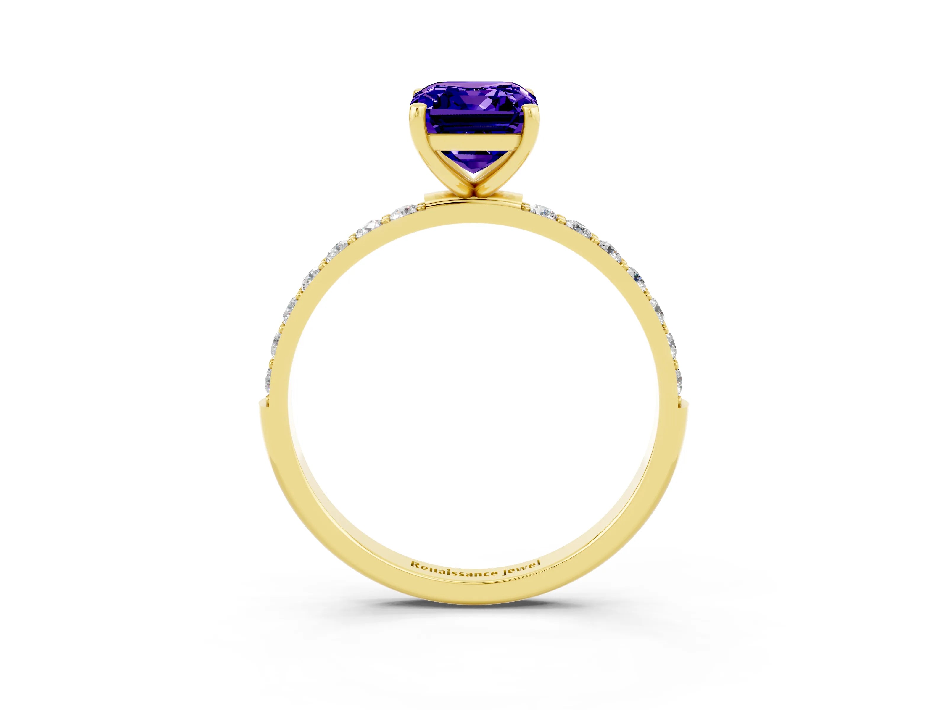 Yellow gold Emerald Cut Tanzanite Solitaire Ring with Pave Band and Four Prong Setting_27