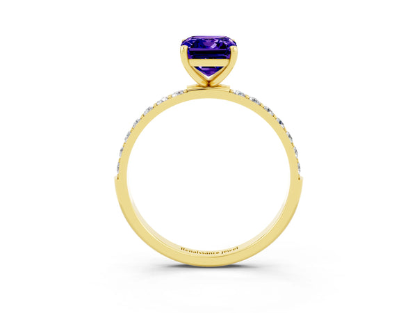 Yellow gold Emerald Cut Tanzanite Solitaire Ring with Round  Pavé Band and Prong Setting