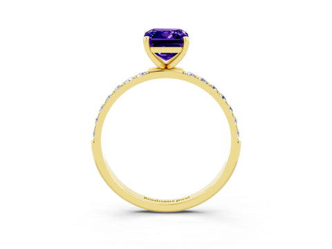 Yellow gold Emerald Cut Tanzanite Solitaire Ring with Pave Band and Four Prong Setting_27