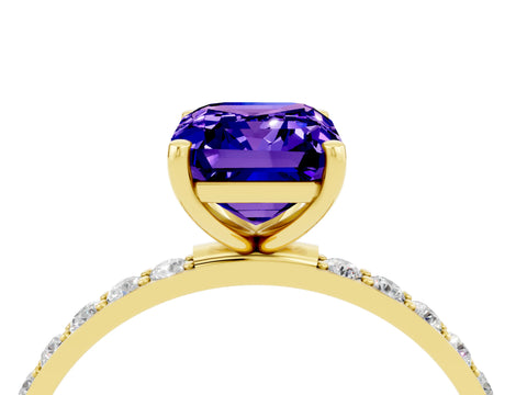 Yellow gold Emerald Cut Tanzanite Solitaire Ring with Pave Band and Four Prong Setting_28