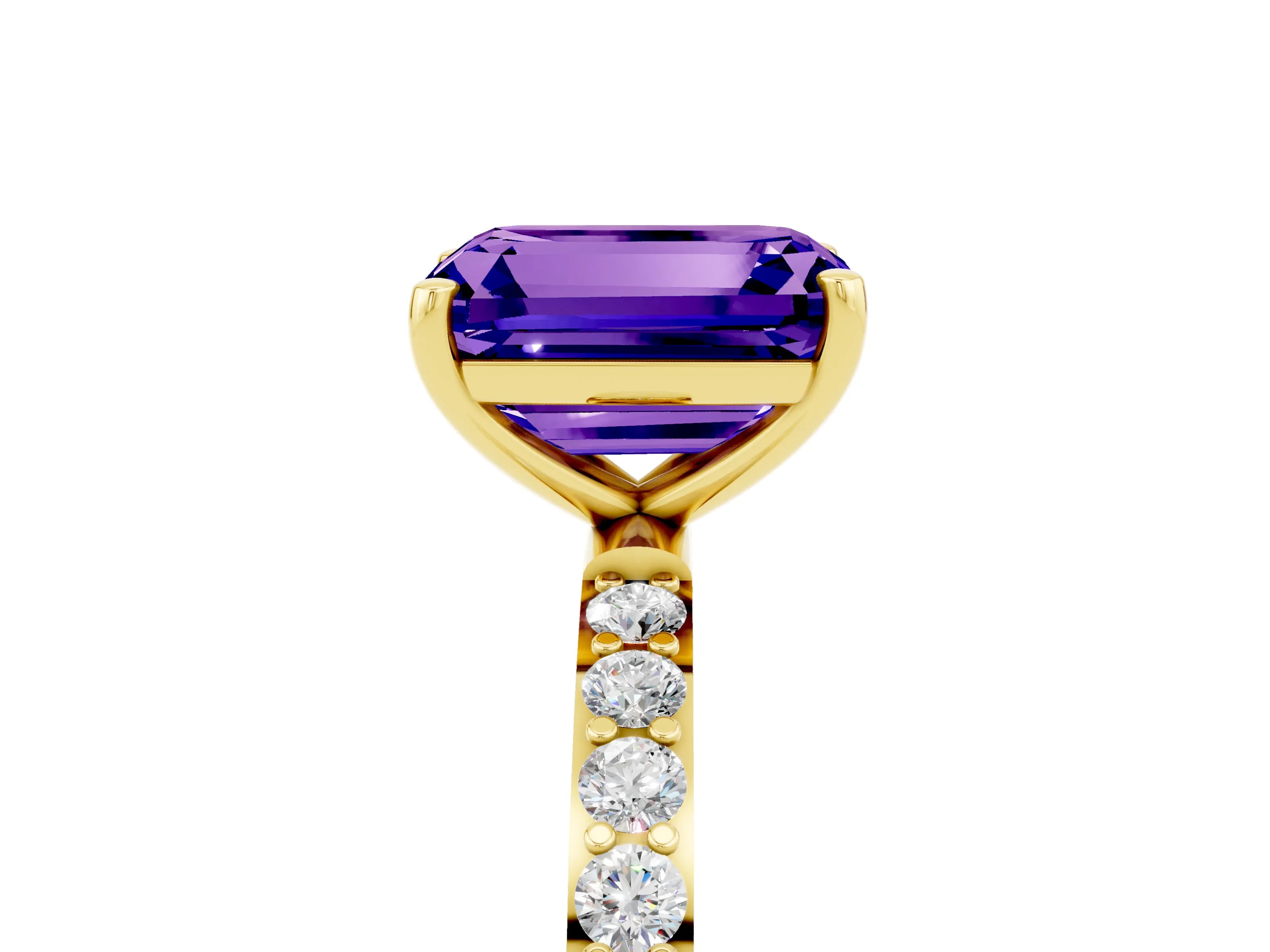Yellow gold Emerald Cut Tanzanite Solitaire Ring with Pave Band and Four Prong Setting_29