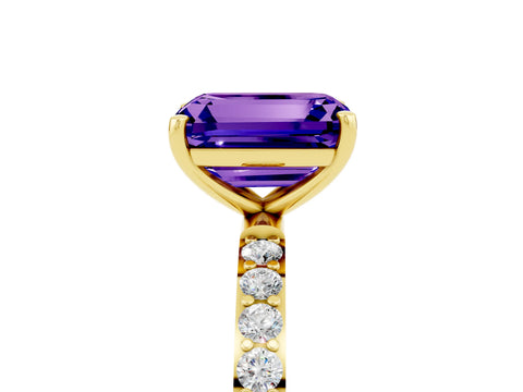Yellow gold Emerald Cut Tanzanite Solitaire Ring with Pave Band and Four Prong Setting_29