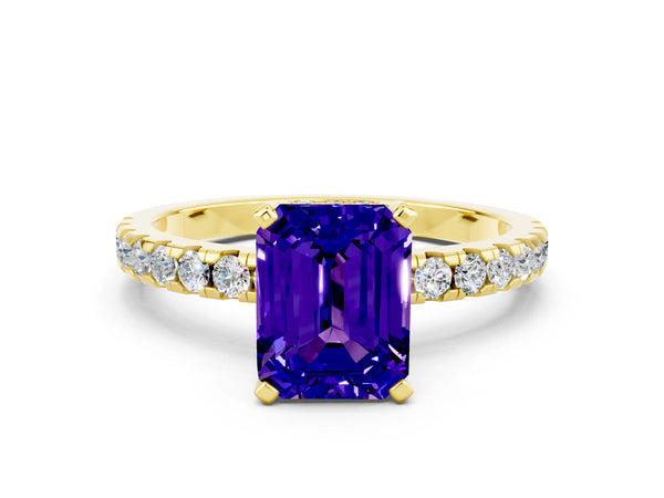 Yellow gold Emerald Cut Tanzanite Solitaire Ring with Round  Pavé Band and Four-Prong Setting