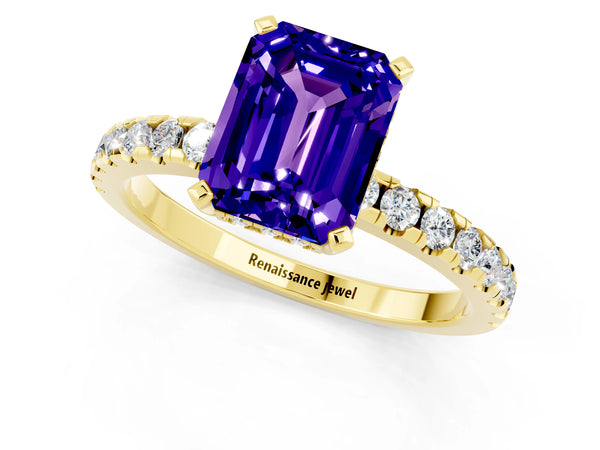 Yellow gold Emerald Cut Tanzanite Solitaire Ring with Round  Pavé Band and Four-Prong Setting