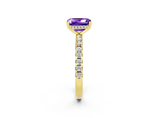 Yellow gold Emerald Cut Tanzanite Solitaire Ring with Round  Pavé Band and Four-Prong Setting