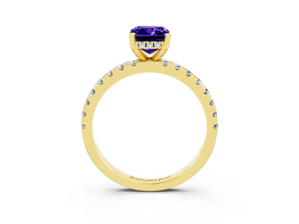 Yellow gold Emerald Cut Tanzanite Solitaire Ring with Round  Pavé Band and Four-Prong Setting