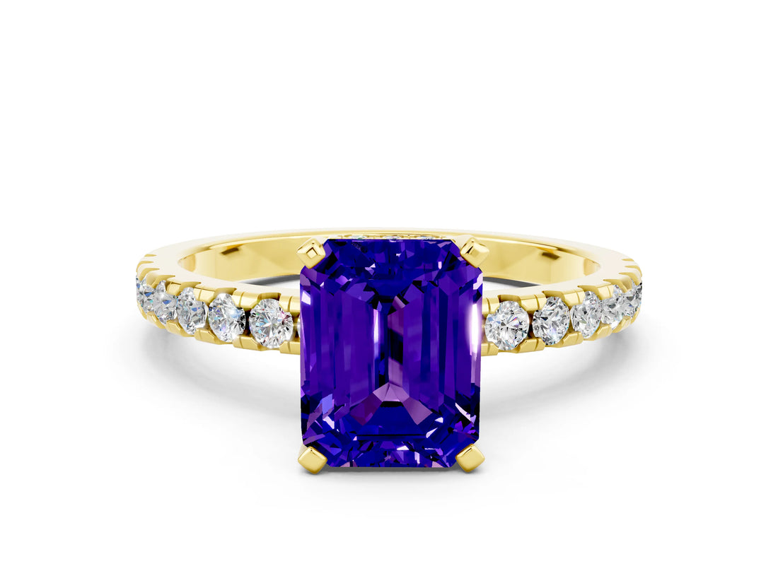 Yellow gold Emerald Cut Tanzanite Solitaire Ring with Round  Pavé Band and Four-Prong Setting_36