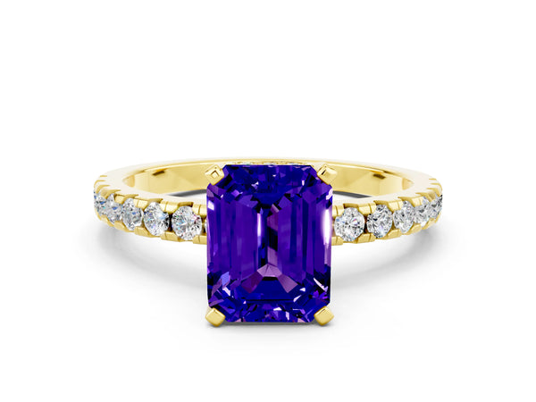 Yellow gold Emerald Cut Tanzanite Solitaire Ring with Round Pavé Band and Four-Prong Setting