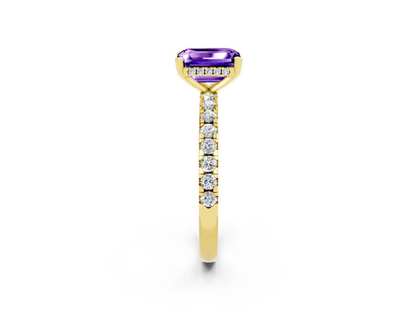 Yellow gold Emerald Cut Tanzanite Solitaire Ring with Round Pavé Band and Four-Prong Setting