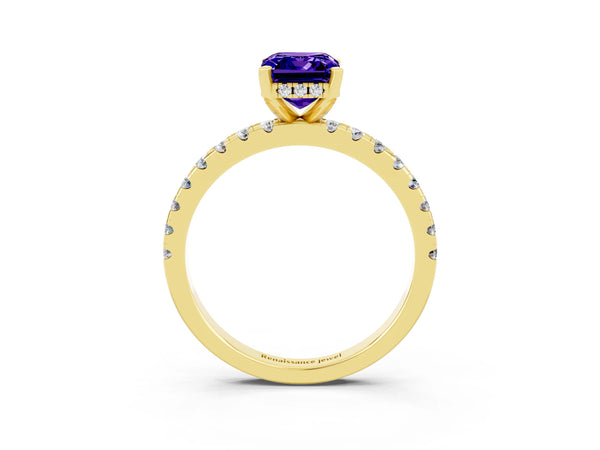 Yellow gold Emerald Cut Tanzanite Solitaire Ring with Round Pavé Band and Four-Prong Setting