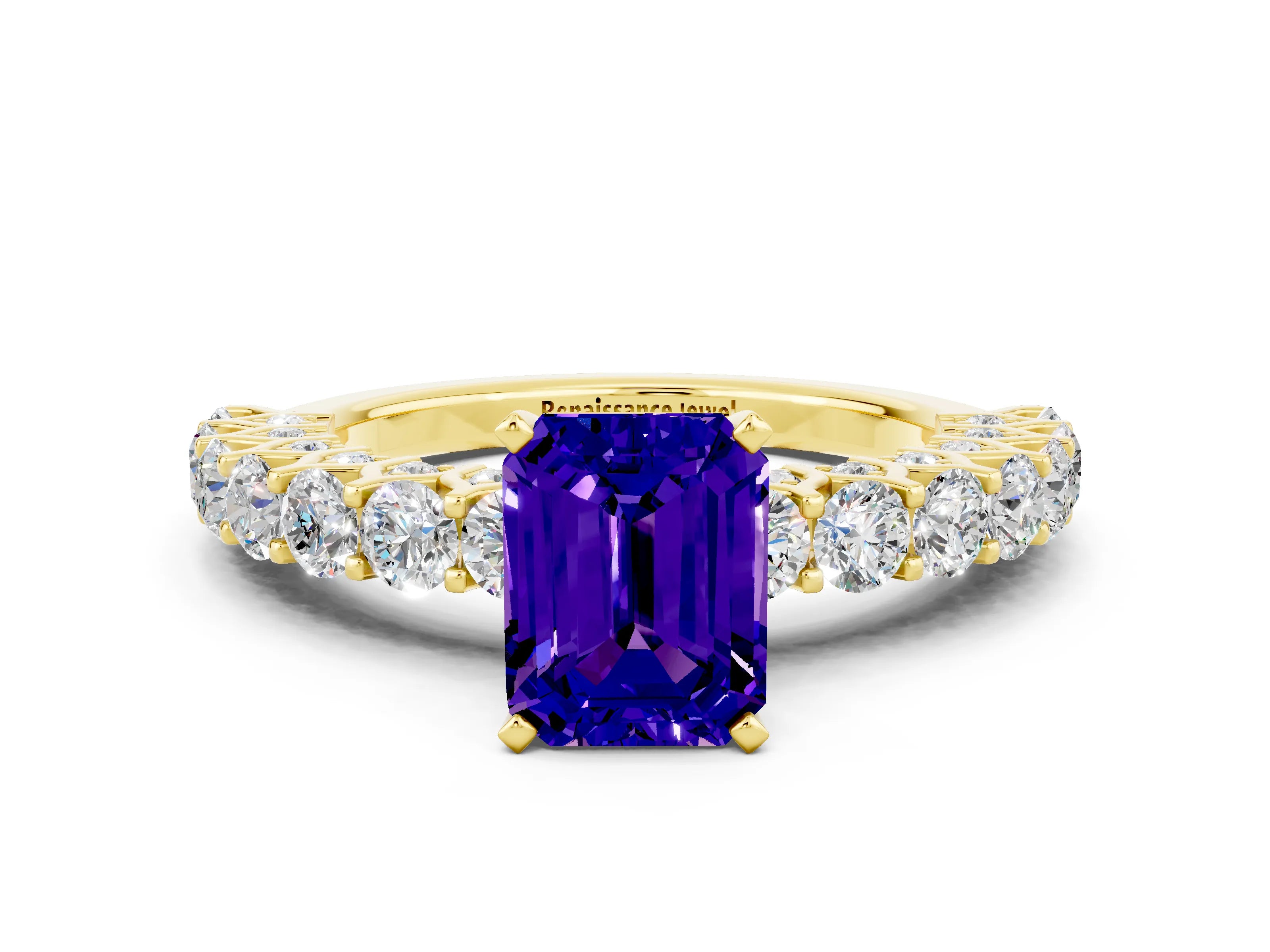 Yellow gold Emerald Cut Tanzanite Solitaire Ring with Shared Prong Pavé Band and Four-Prong Setting