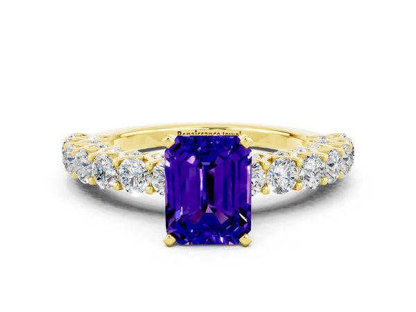 Yellow gold Emerald Cut Tanzanite Solitaire Ring with Shared Prong Pavé Band and Four-Prong Setting