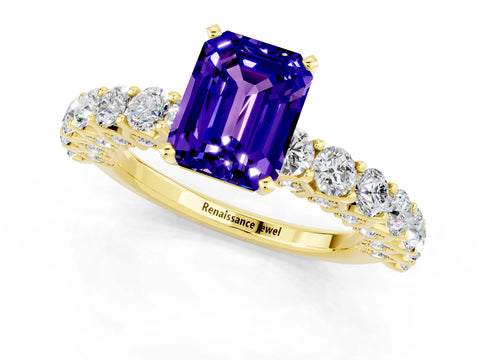 Yellow gold Emerald Cut Tanzanite Solitaire Ring with Shared Prong Pavé Band and Four-Prong Setting_1