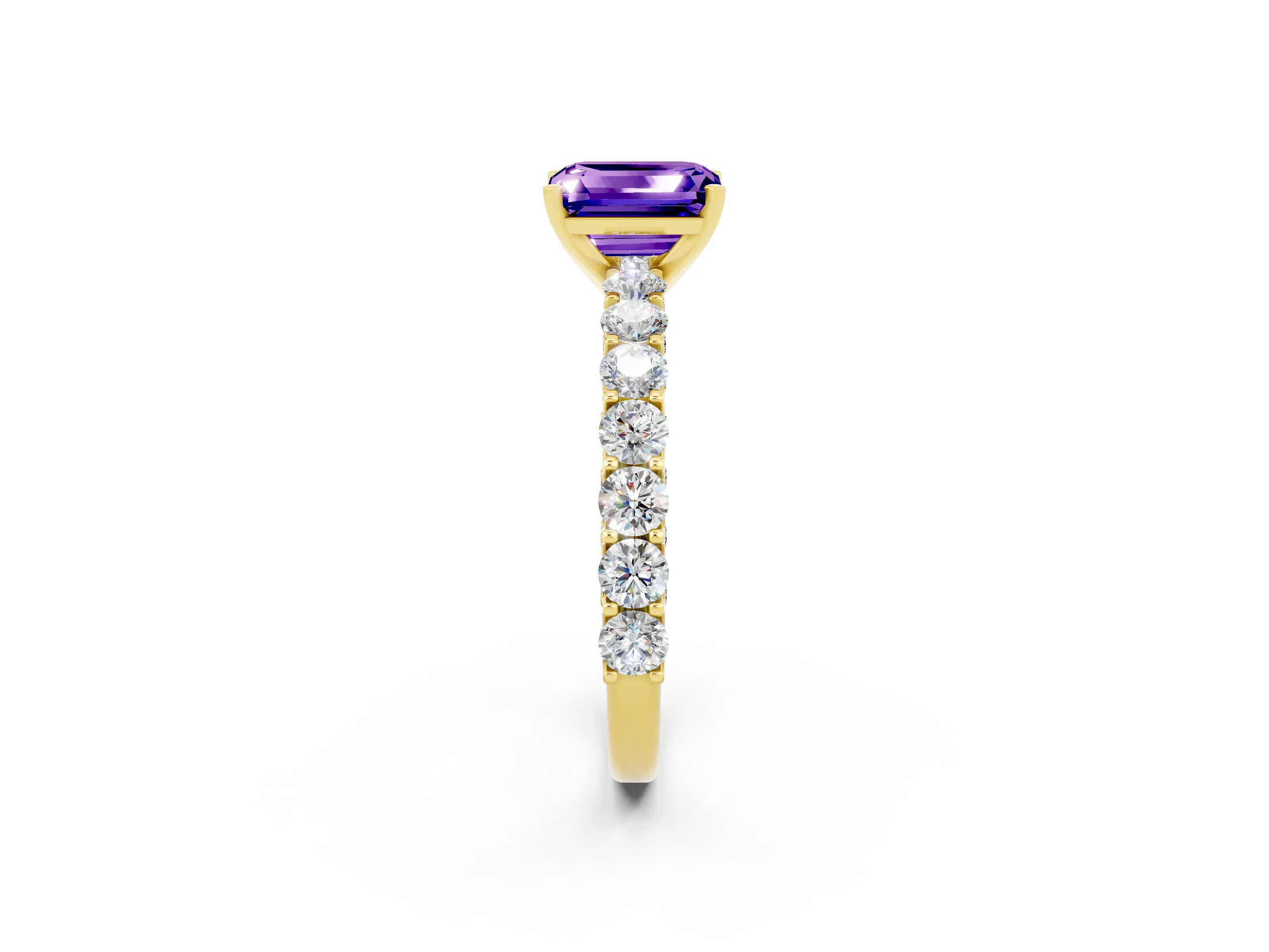Yellow gold Emerald Cut Tanzanite Solitaire Ring with Shared Prong Pavé Band and Four-Prong Setting_2