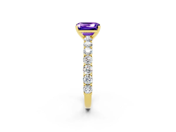 Yellow gold Emerald Cut Tanzanite Solitaire Ring with Shared Prong Pavé Band and Four-Prong Setting
